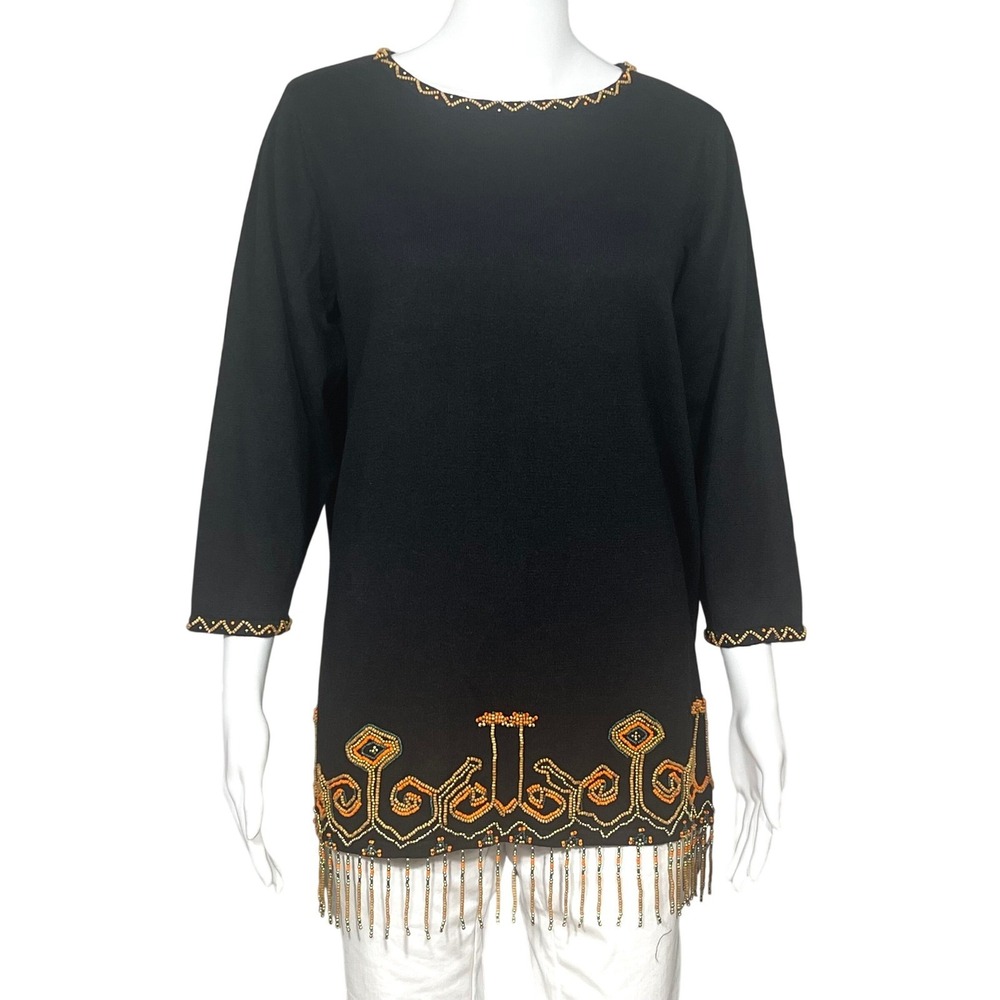 Carol Patterson Knits Black Beaded Fringe Linen/Cotton Tunic Top S Y2K Boho Art